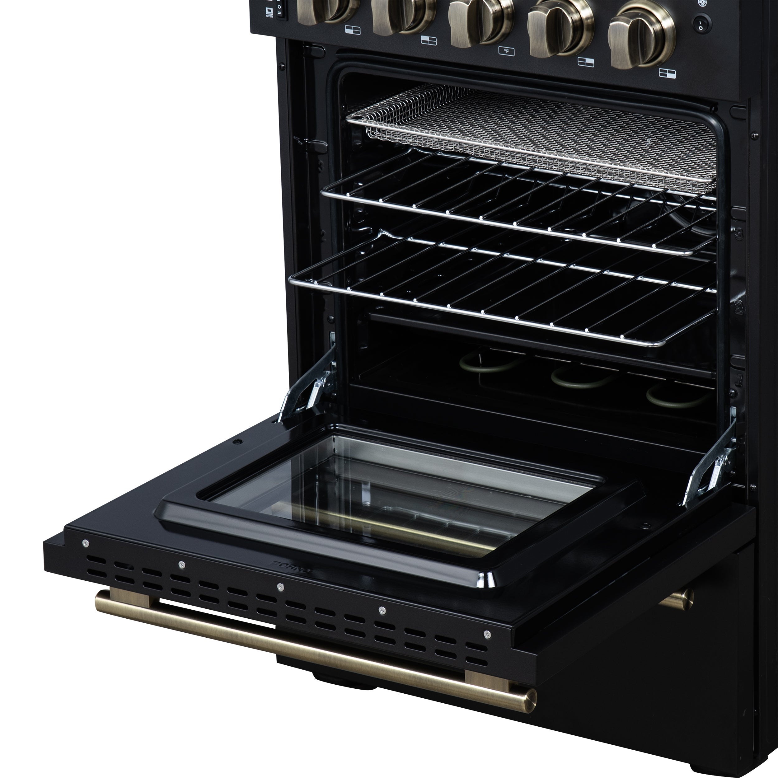 Forno Loiano 24 in. Freestanding Electric Range, 2.3 cu. ft., 4 Radiant Elements, Storage Drawer, Air Fryer Kit, Black with Antique Brass Accents (FFSEL6069-24BLK)