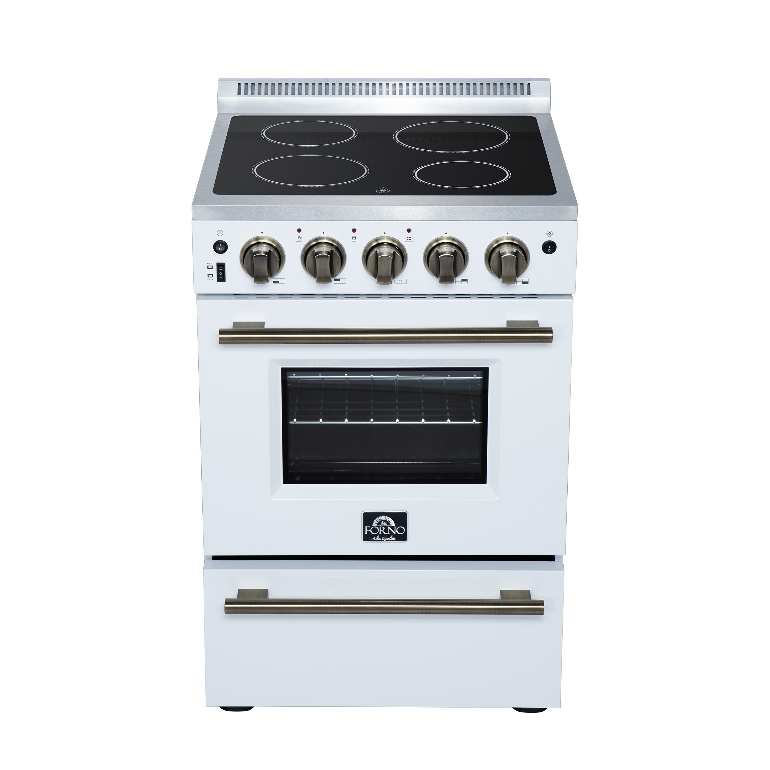 Forno Loiano 24-Inch Freestanding Electric Range, 2.3 cu. ft. Oven, 4 Radiant Elements, Storage Drawer, Air Fryer Kit, White with Antique Brass Accents (FFSEL6069-24WHT)