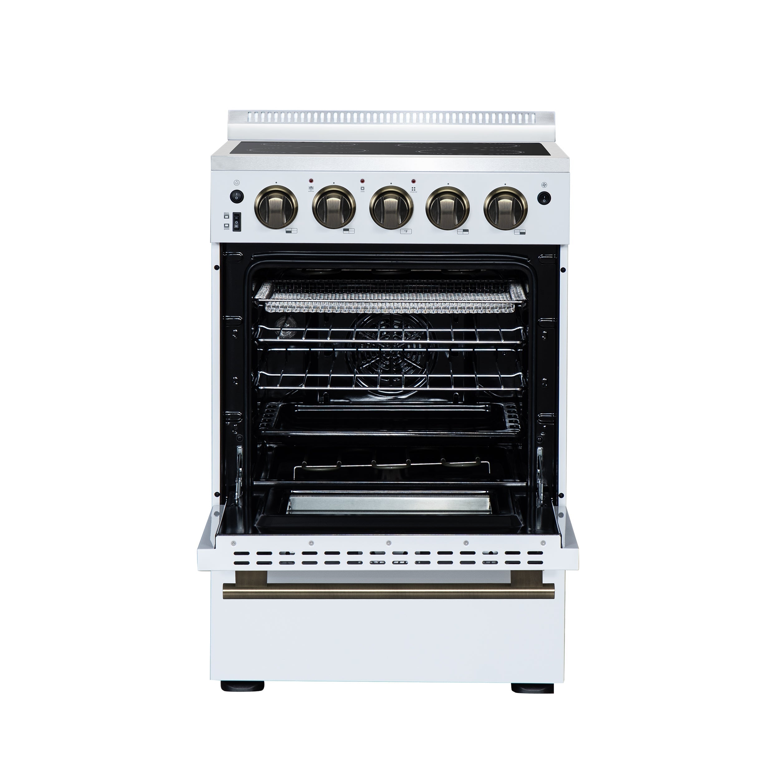 Forno Loiano 24-Inch Freestanding Electric Range, 2.3 cu. ft. Oven, 4 Radiant Elements, Storage Drawer, Air Fryer Kit, White with Antique Brass Accents (FFSEL6069-24WHT)