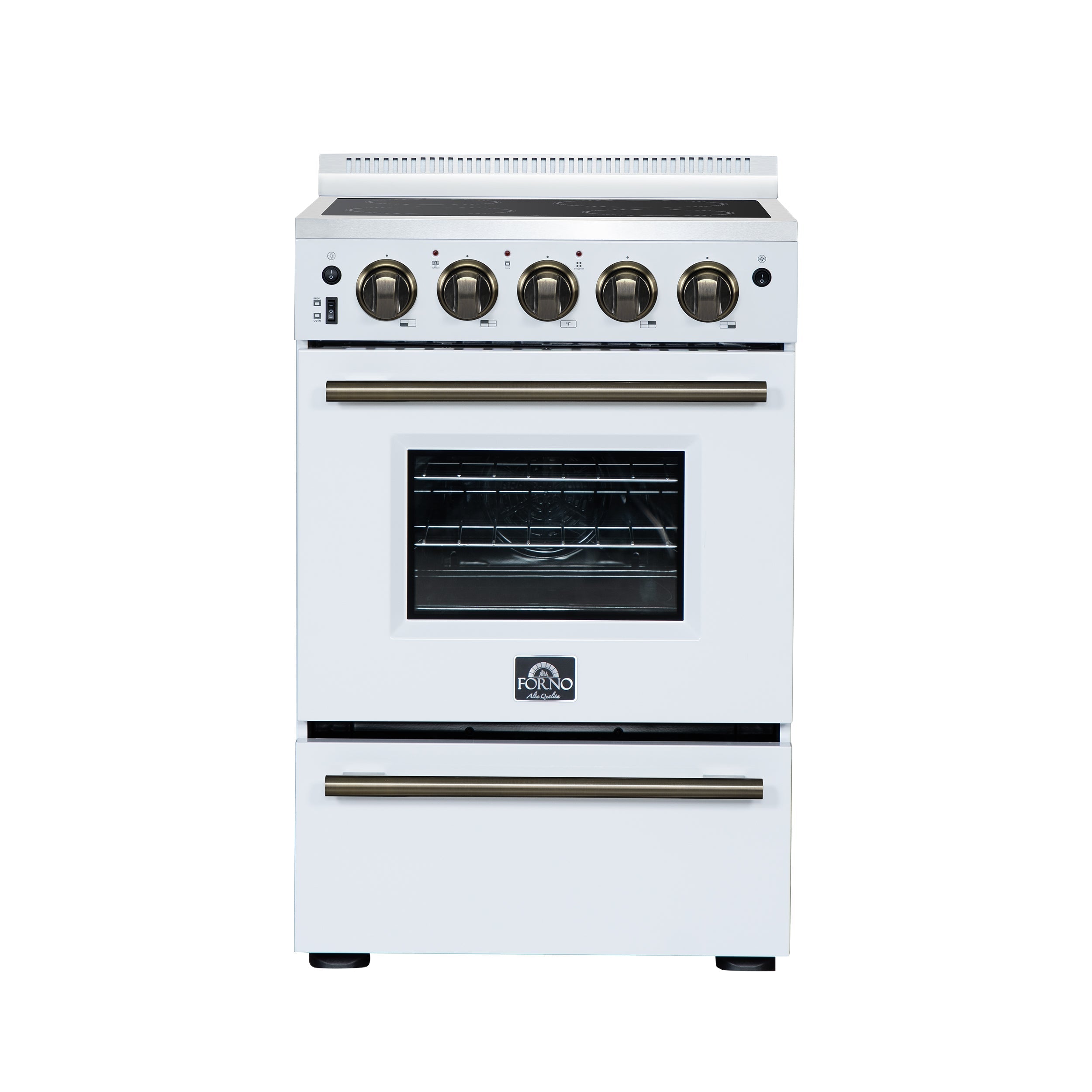 Forno Loiano 24-Inch Freestanding Electric Range, 2.3 cu. ft. Oven, 4 Radiant Elements, Storage Drawer, Air Fryer Kit, White with Antique Brass Accents (FFSEL6069-24WHT)