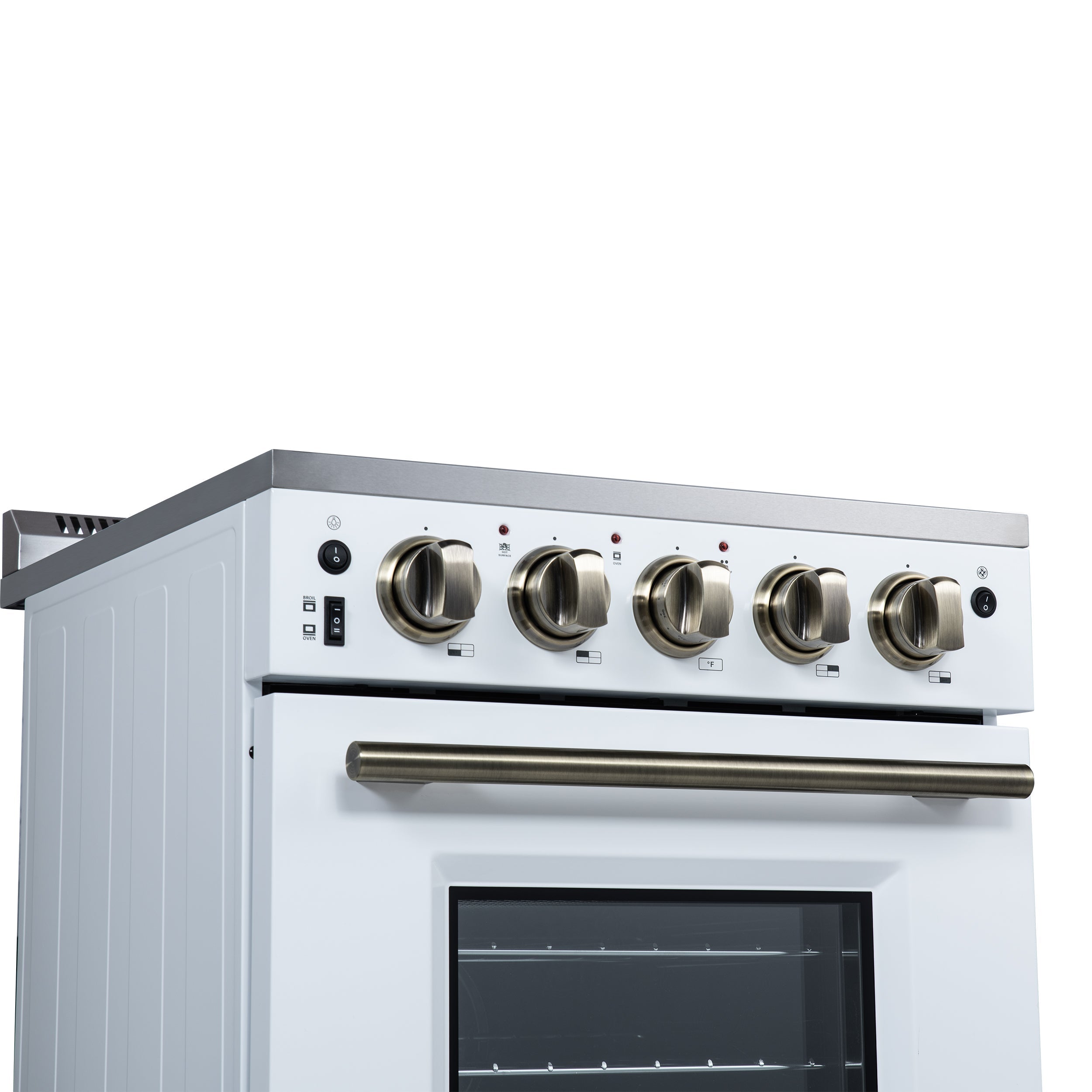 Forno Loiano 24-Inch Freestanding Electric Range, 2.3 cu. ft. Oven, 4 Radiant Elements, Storage Drawer, Air Fryer Kit, White with Antique Brass Accents (FFSEL6069-24WHT)