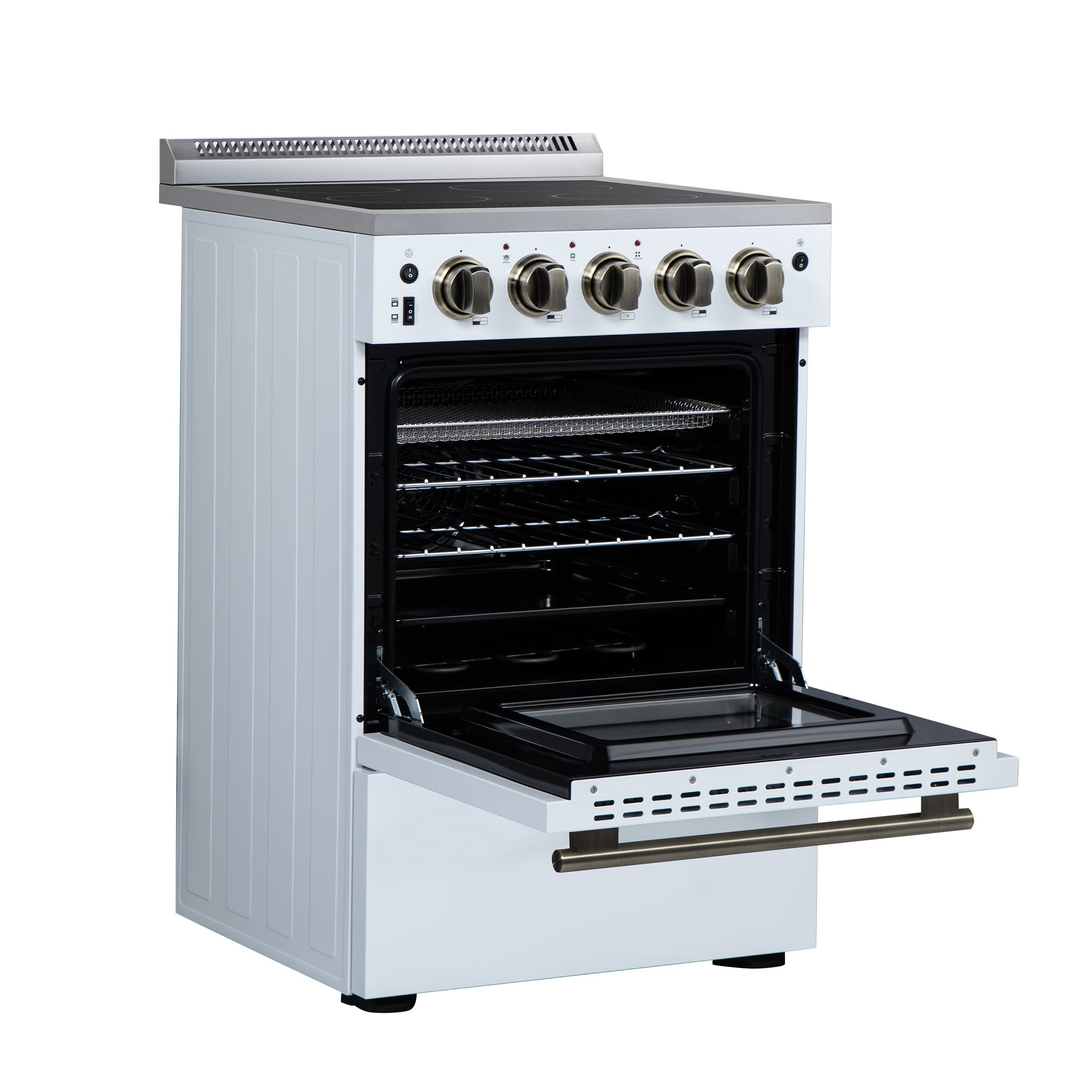 Forno Loiano 24-Inch Freestanding Electric Range, 2.3 cu. ft. Oven, 4 Radiant Elements, Storage Drawer, Air Fryer Kit, White with Antique Brass Accents (FFSEL6069-24WHT)