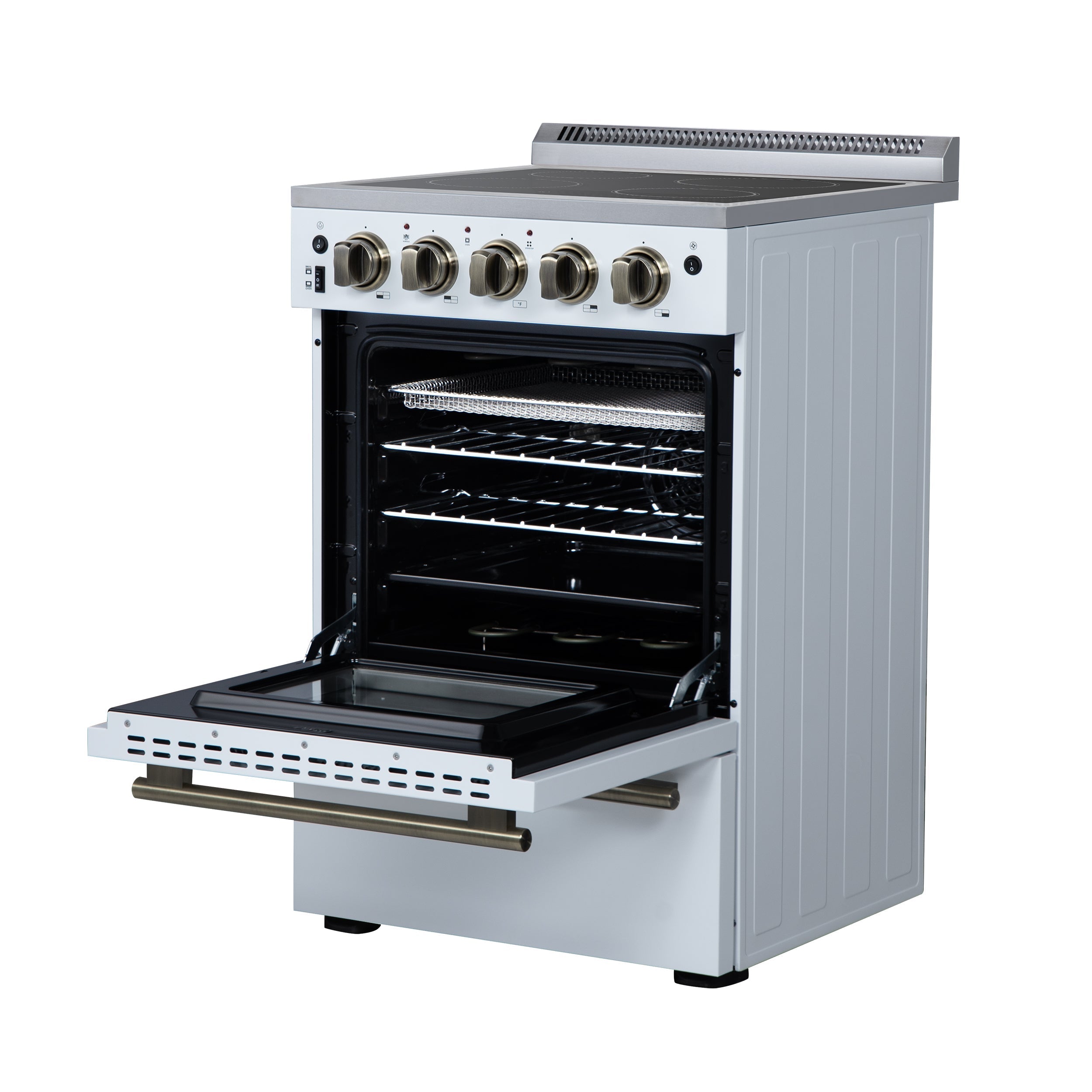 Forno Loiano 24-Inch Freestanding Electric Range, 2.3 cu. ft. Oven, 4 Radiant Elements, Storage Drawer, Air Fryer Kit, White with Antique Brass Accents (FFSEL6069-24WHT)