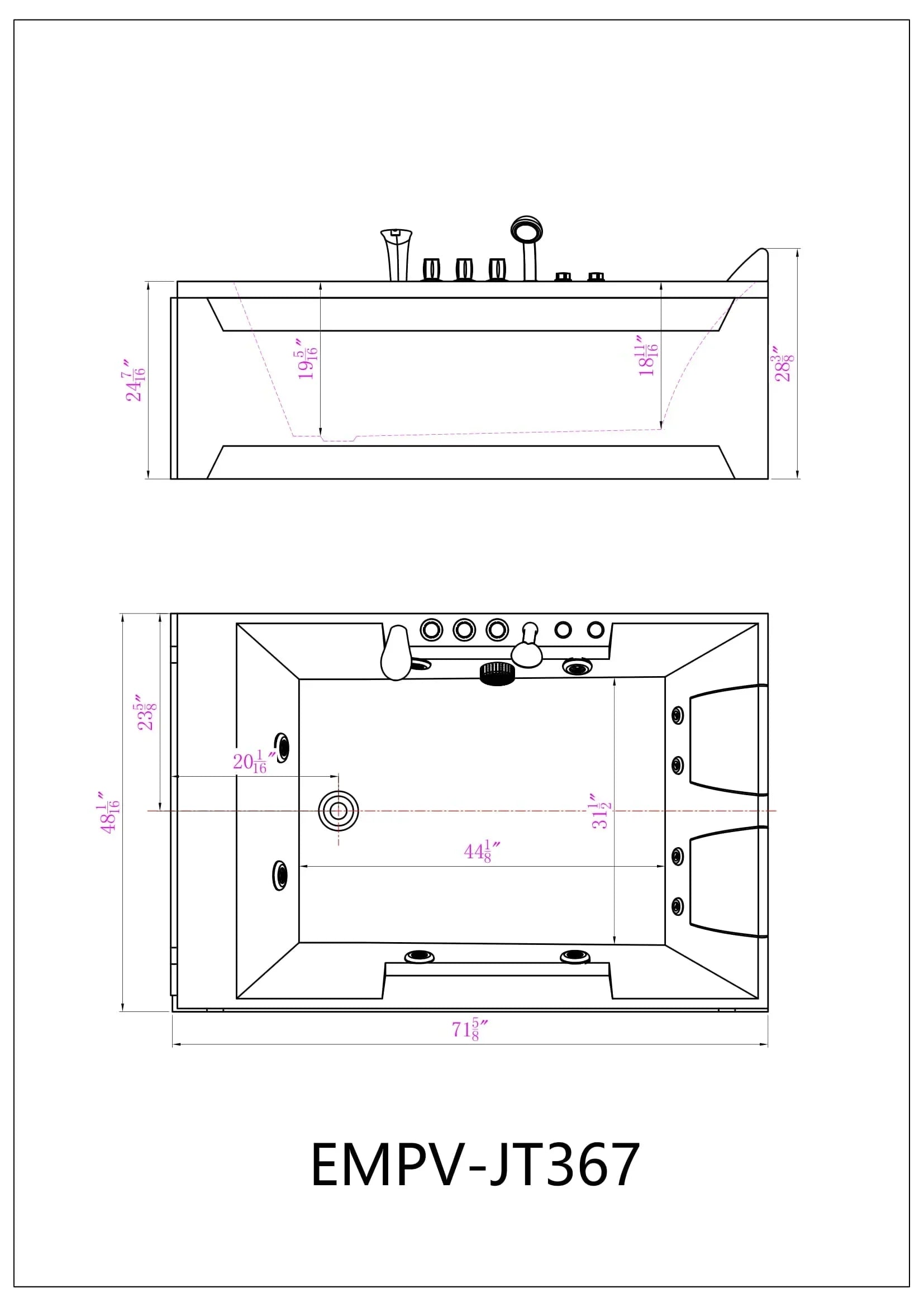 Empava 72-Inch Whirlpool Rectangular Bathtub (EMPV-72JT367LED)