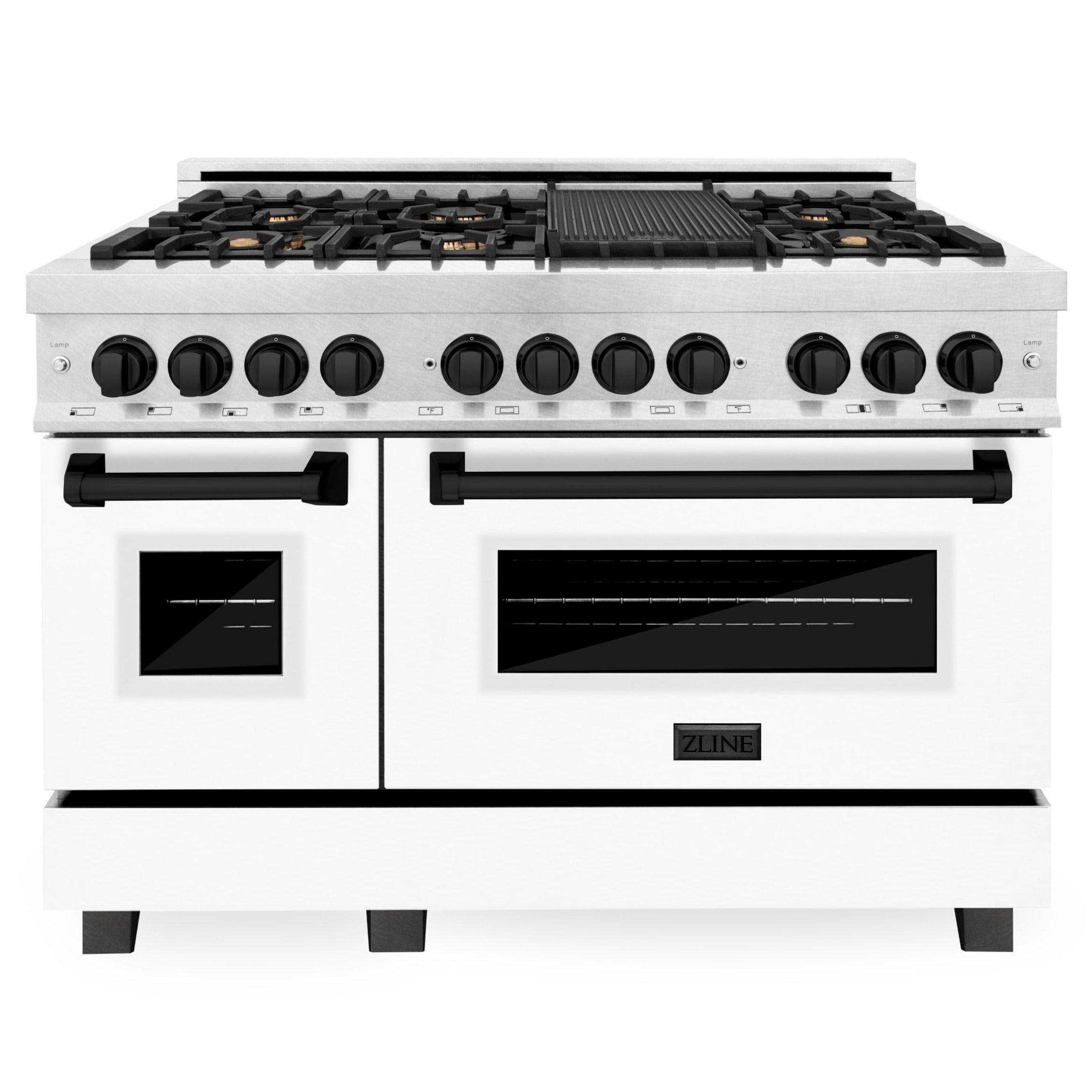 ZLINE Autograph 48 in. 6.0 cu. ft. Legacy Dual Fuel Range with 7 Gas Burners and Double Electric Ovens in Satin Stainless Steel with White Matte Doors and Matte Black Accents (RASZ-WM-48-MB)