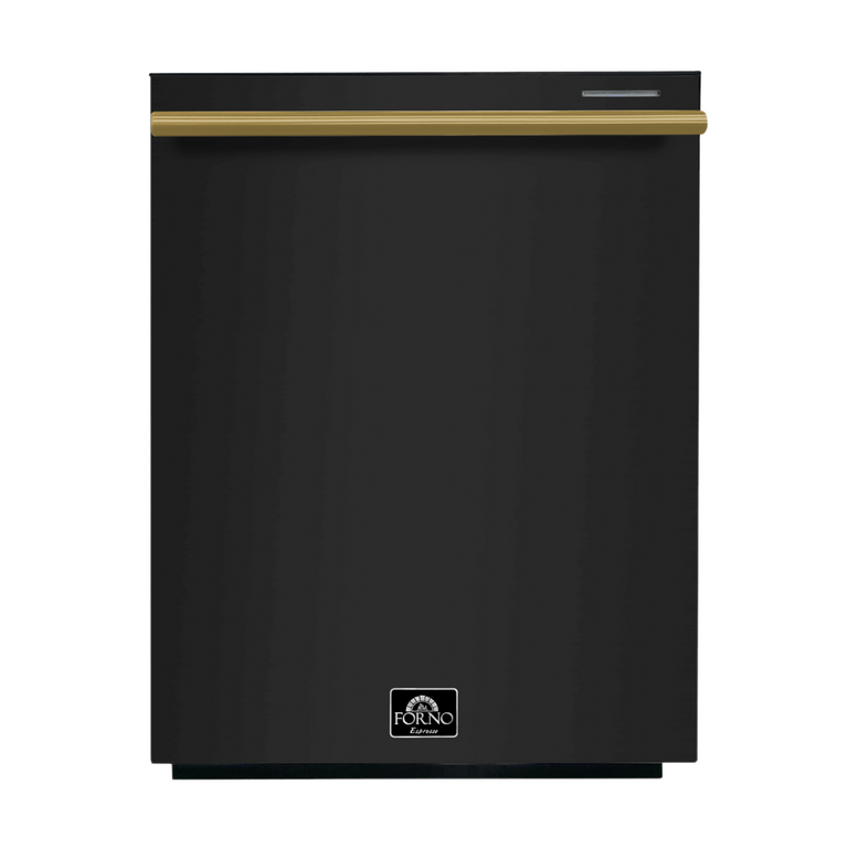 FORNO Espresso Package - 30" Electric Range, Range Hood and Dishwasher in Black with Antique Brass Handles