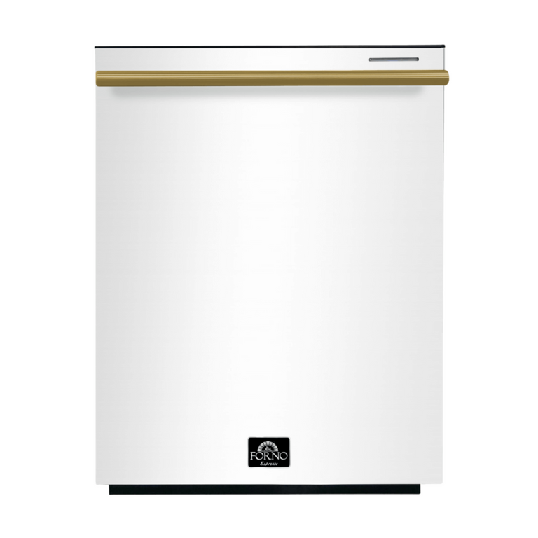 FORNO Espresso Package - 30" Electric Range, Range Hood and Dishwasher in White with Antique Brass Handles