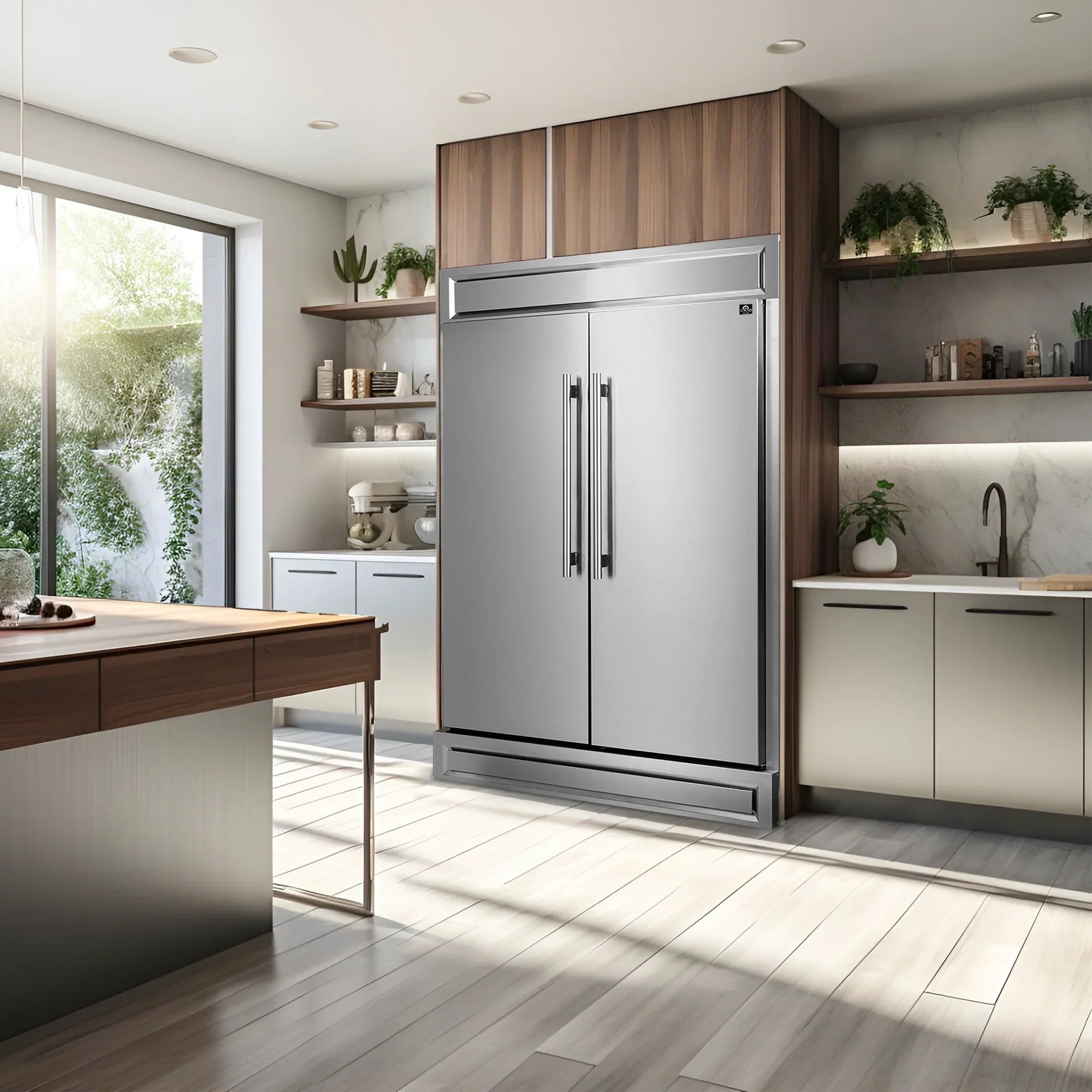 FORNO Appliance Package - 48" Gas Range, Wall Mount Range Hood and 60" Refrigerator with Modern Grill Trim, FBDL-018-04CAUS