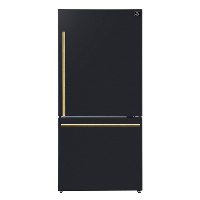 FORNO Espresso Package - 30" Electric Range and Refrigerator in Black with Antique Brass Handles, FBDL-003-02US