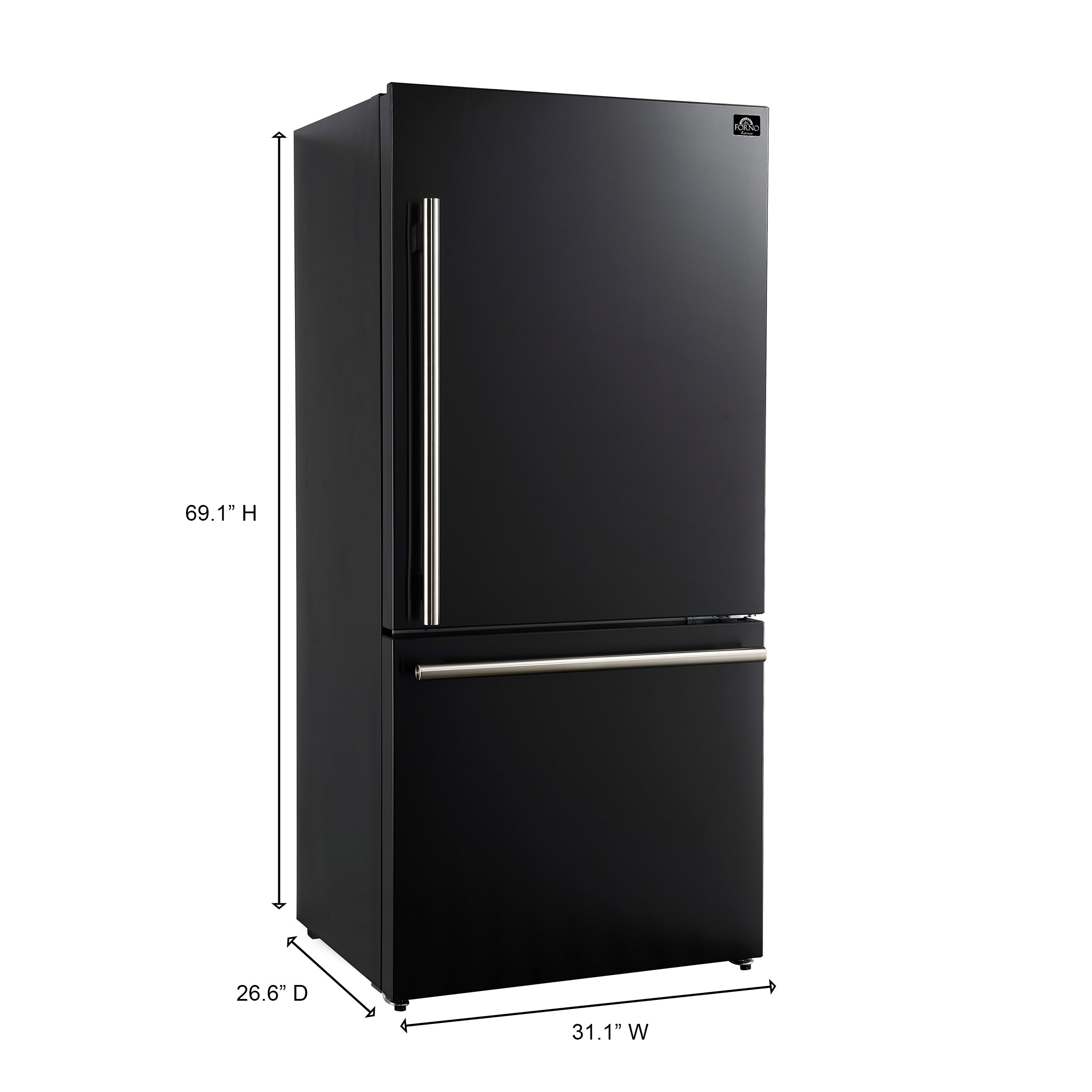 Forno Milano 31 in. Bottom Freezer Refrigerator, 17.2 cu ft, Right-Hinged Door, Black with Stainless Steel Handles (Model FFFFD1785-31BLK)