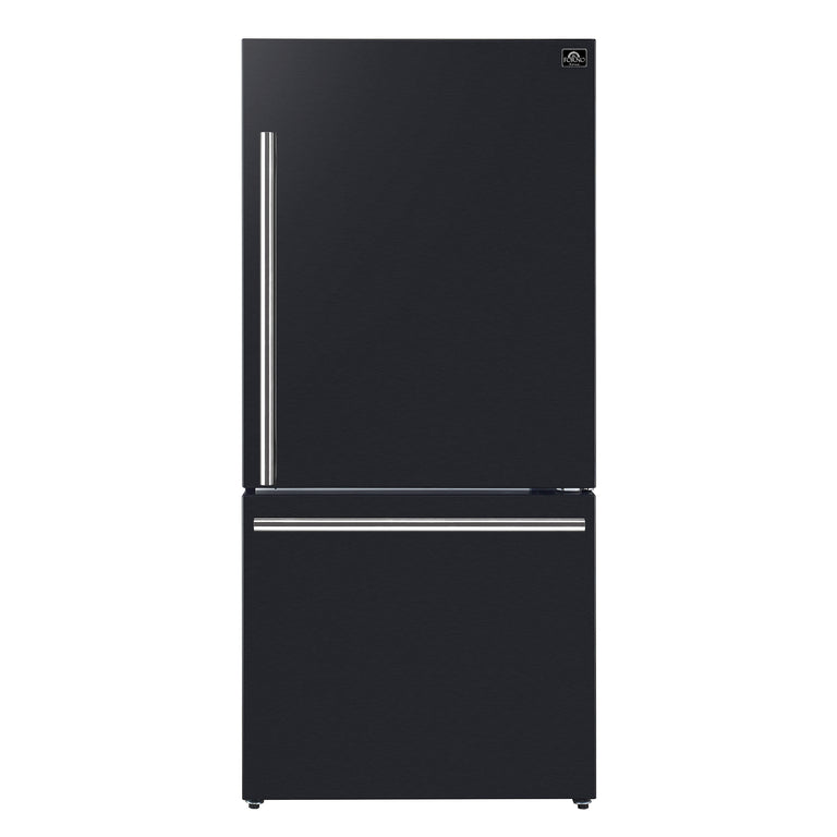 FORNO Espresso Package - 30" Electric Range, Range Hood and Refrigerator in Black with Stainless Steel Handles, FBDL-001-02US