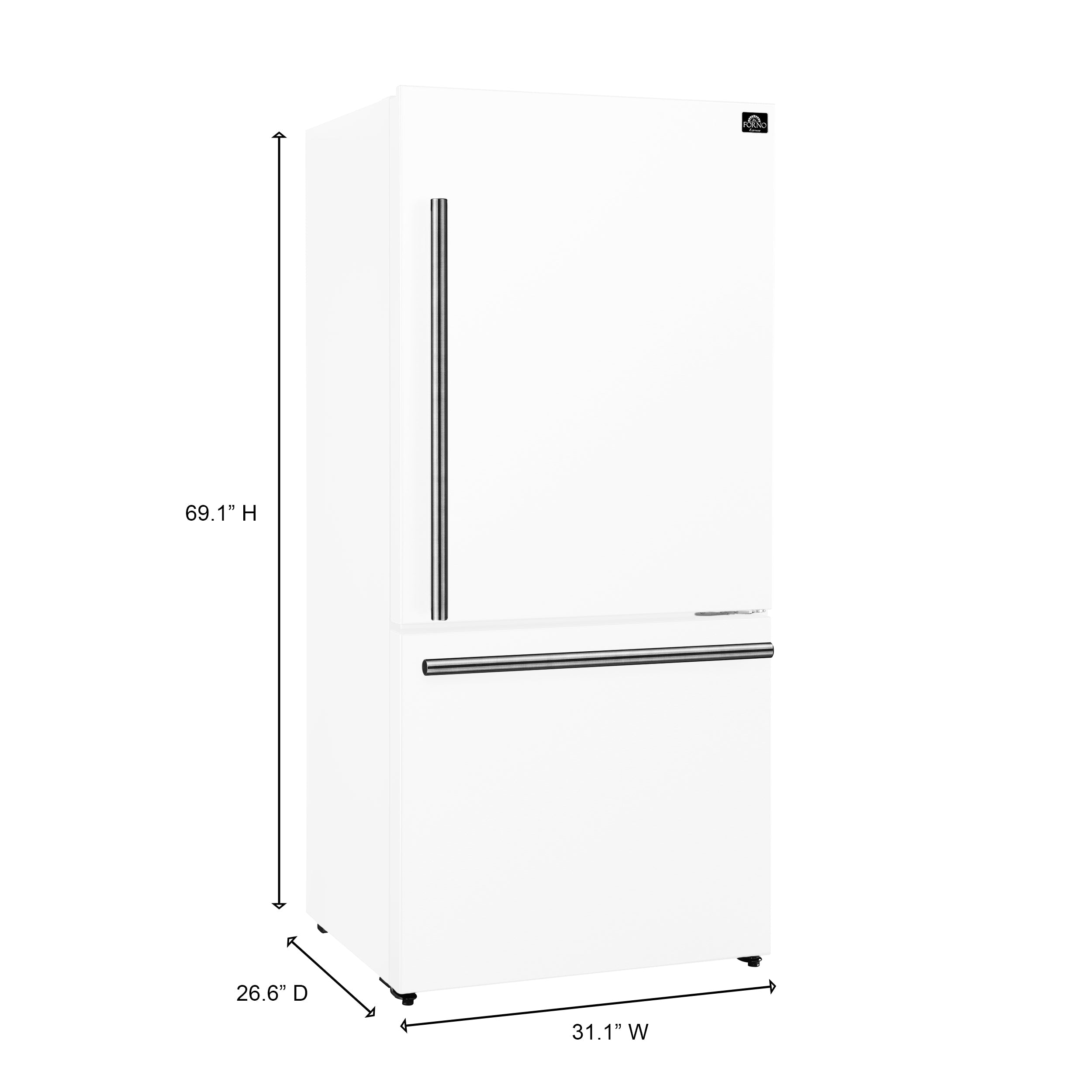 Forno Espresso Milano 31-Inch French Door Refrigerator with Bottom Freezer, 17.2 Cu. Ft., Right Swing, White with Stainless Steel Handles (Model FFFFD1785-31WHT)