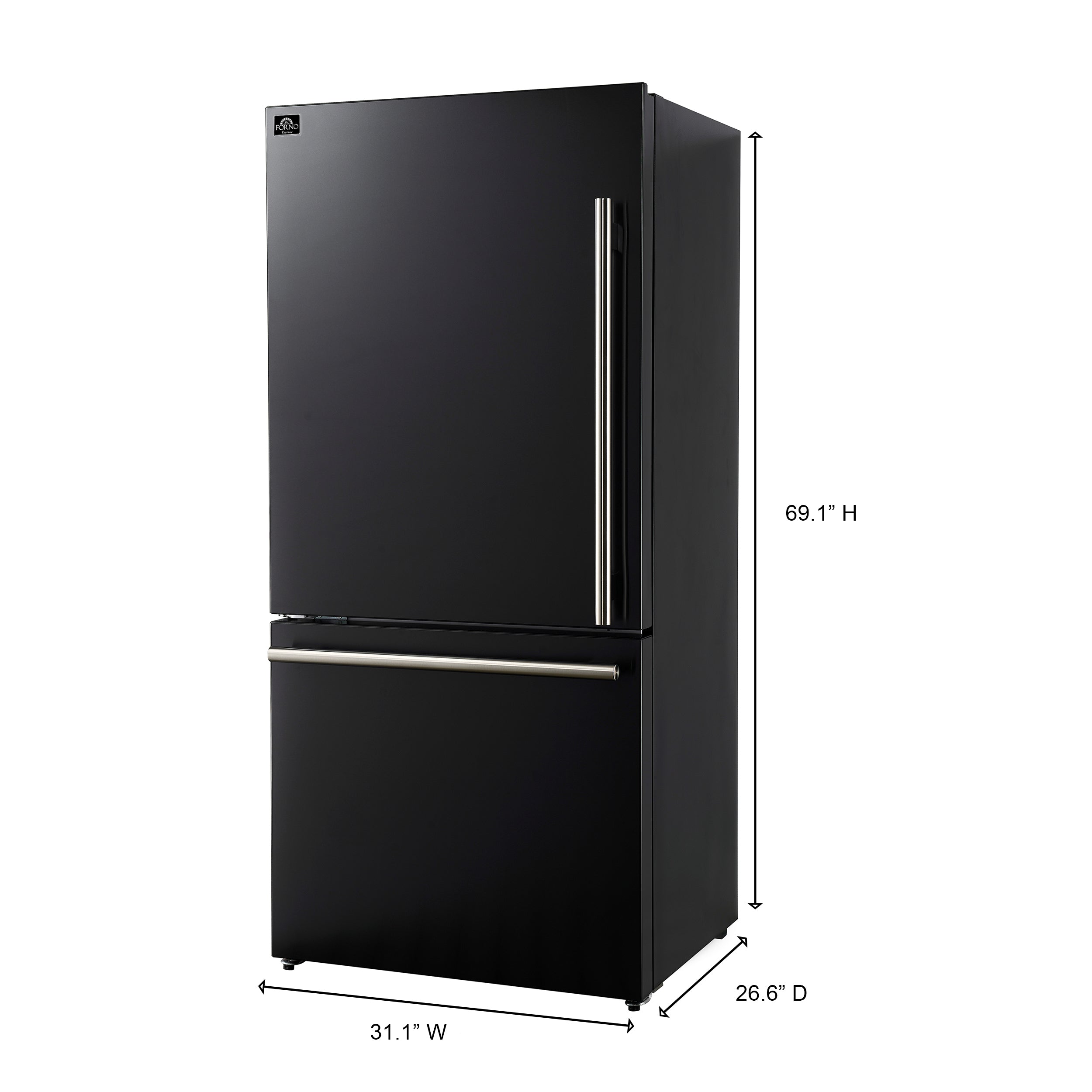 FORNO Espresso Milano 31-Inch Counter-Depth Refrigerator with Bottom Freezer, 17.2 cu. ft., Left-Hinged Door, Ice Maker, Black with Stainless Steel Handles (Model FFFFD1786-31BLK)