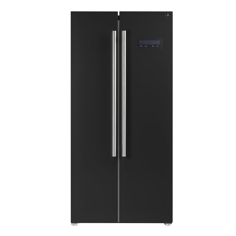 FORNO Espresso Package - 30" Electric Range, Range Hood and Refrigerator in Black with Stainless Steel Handles