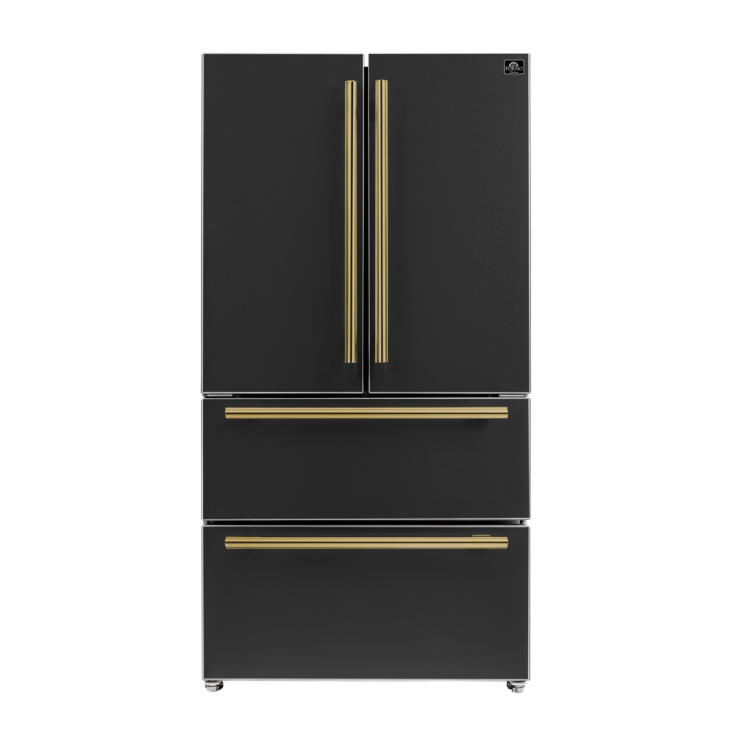 FORNO Moena 36-Inch Counter-Depth Refrigerator, 19.2 cu. ft., with Ice Maker, Black with Antique Brass Handles (FFRBI1820-36BLK)