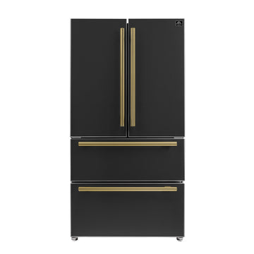 FORNO Moena 36-Inch Counter-Depth Refrigerator, 19.2 cu. ft., with Ice Maker, Black with Antique Brass Handles (FFRBI1820-36BLK)