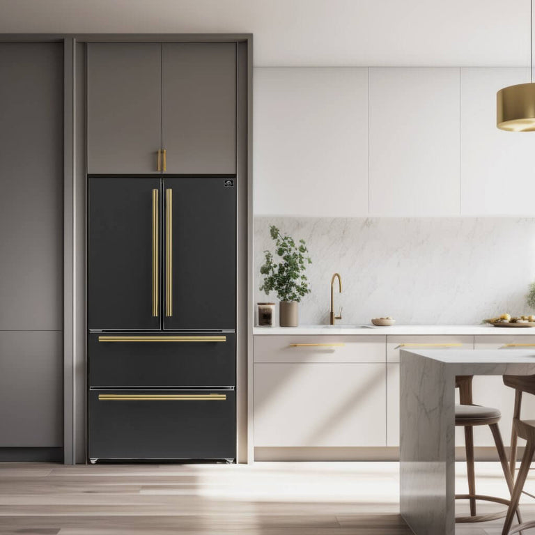 FORNO Espresso Package - 30" Electric Range, Range Hood and Refrigerator in Black with Antique Brass Handles