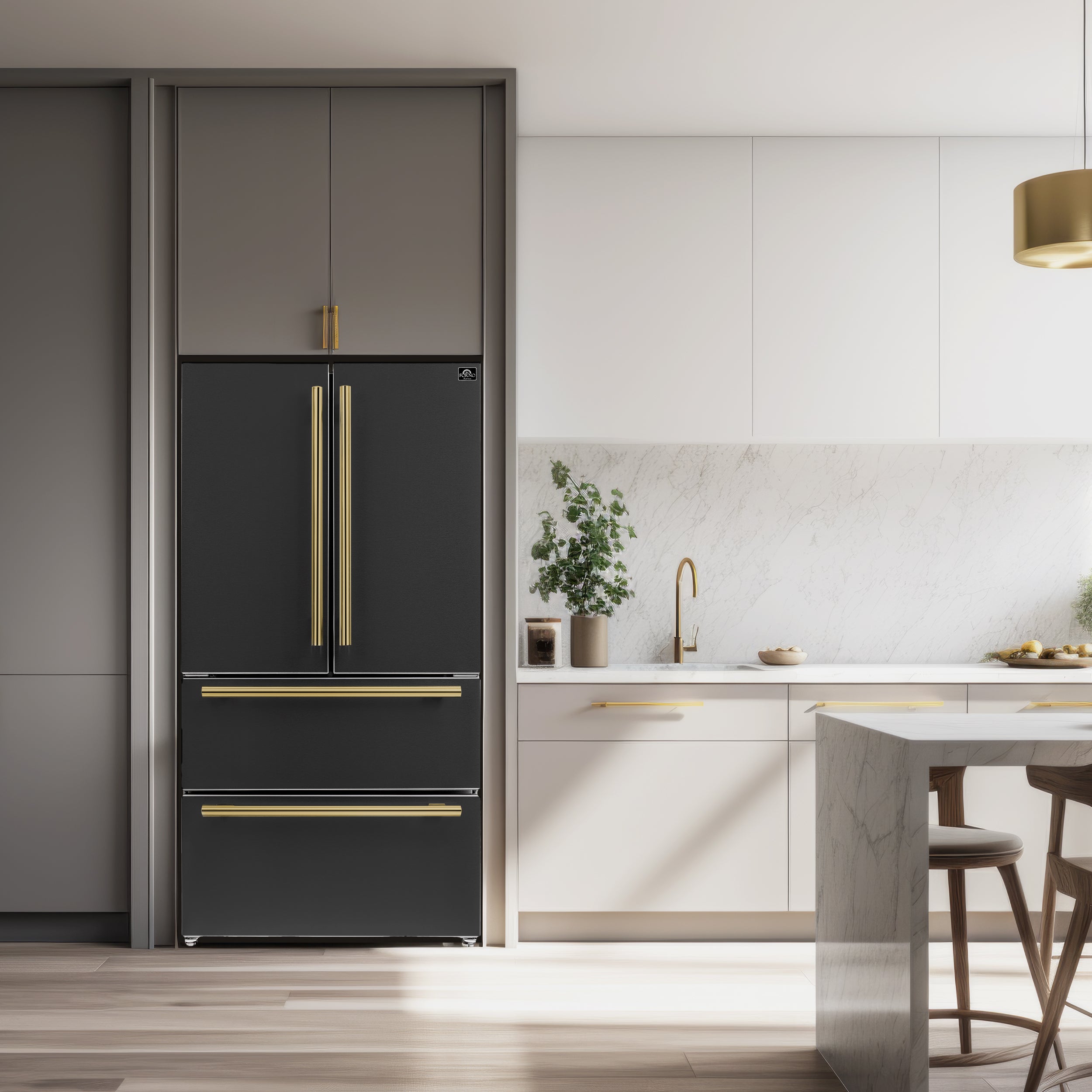FORNO Appliance Package - 36" Gas Range, Range Hood, 36" Refrigerator, Dishwasher in Black with Antique Brass Accents