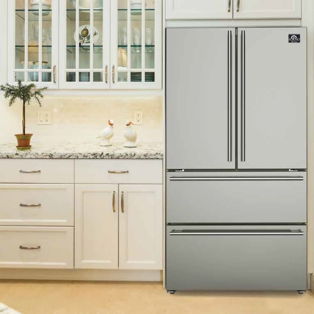 FORNO Appliance Package - 48" Gas Range, Range Hood, 36" Refrigerator, Dishwasher, Microwave Drawer, Wine Cooler, AP-FFSGS6239-48-5