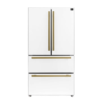Forno Moena 36-Inch Counter-Depth Refrigerator with Ice Maker, 19.2 Cu. Ft., White with Antique Brass Handles (FFRBI1820-36WHT)