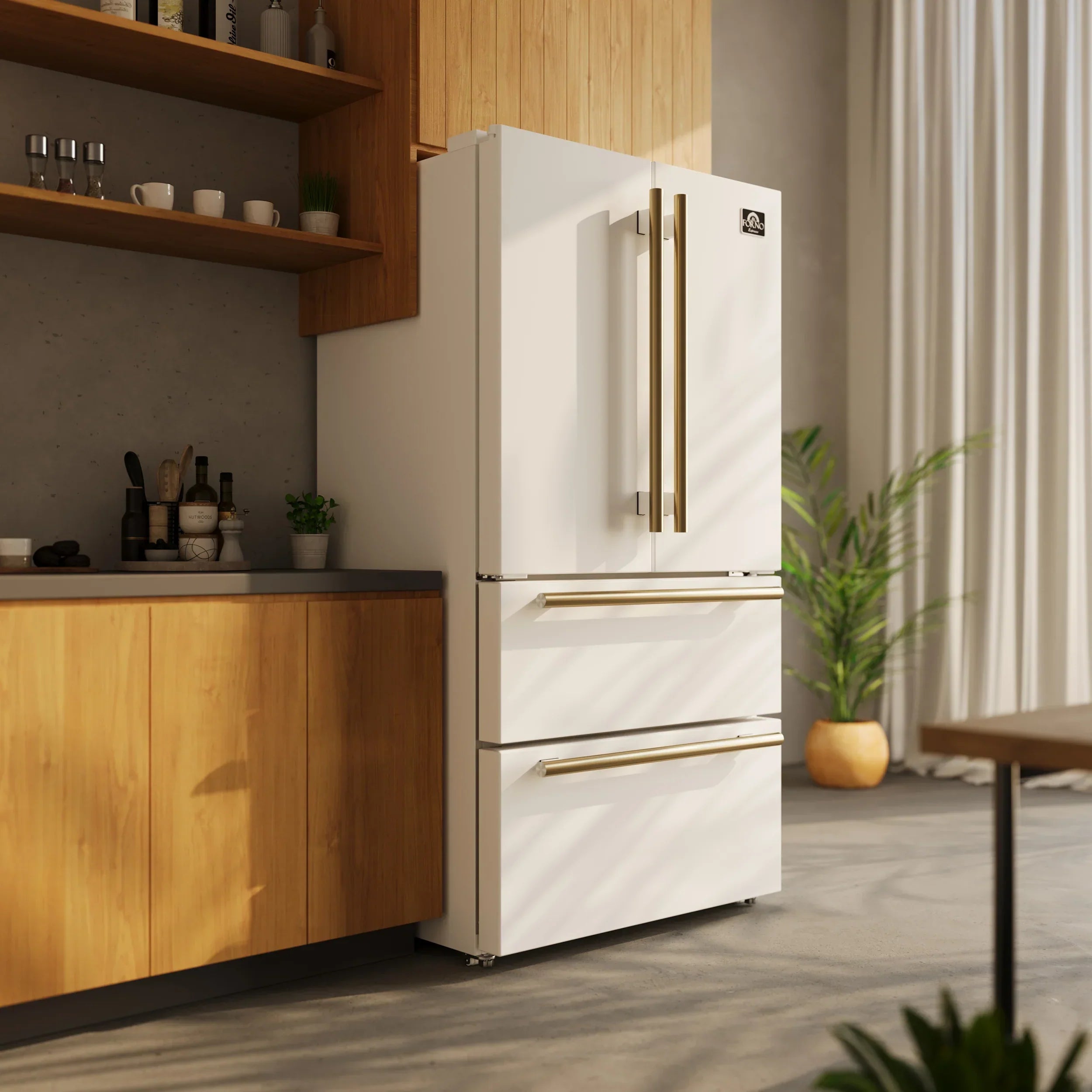 FORNO Appliance Package - 36" Dual Fuel Range, Range Hood, 36" Refrigerator, Microwave in White with Antique Brass Accents