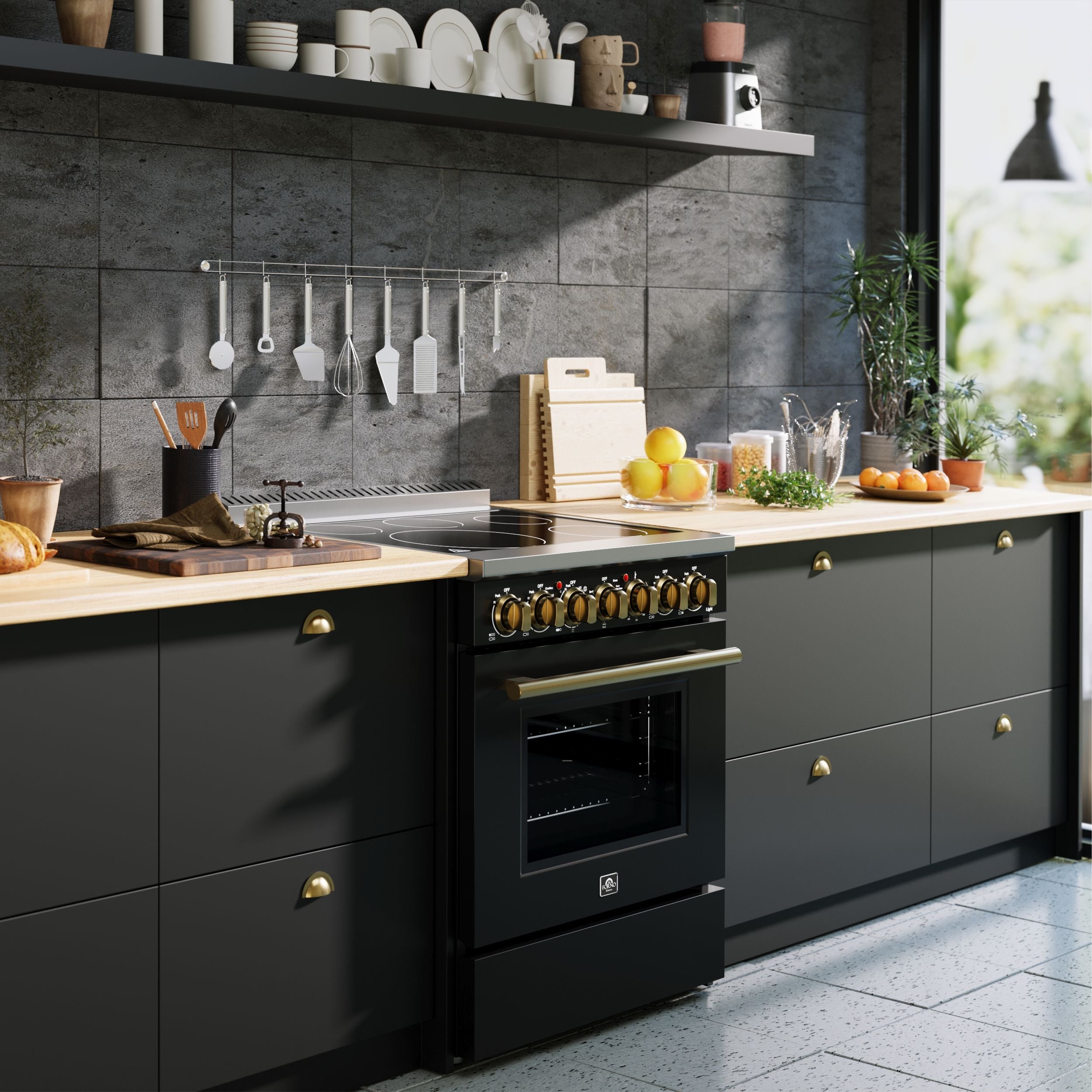 FORNO Paolo Package - 30" Electric Range, Over-The-Range Microwave, 36" Refrigerator with Ice Maker and Dishwasher in Black with Antique Brass Accents, AP4-6011BLK-A9