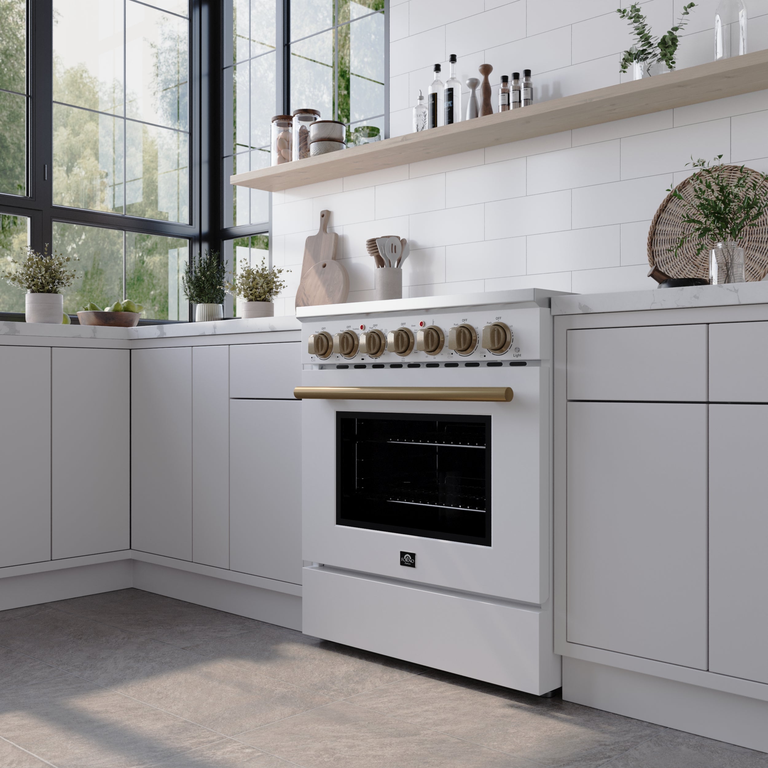 FORNO Paolo Package - 30" Electric Range, Over-The-Range Microwave, 30" Refrigerator with Ice Maker and Dishwasher in White with Antique Brass Accents, AP4-6011WHT-A10