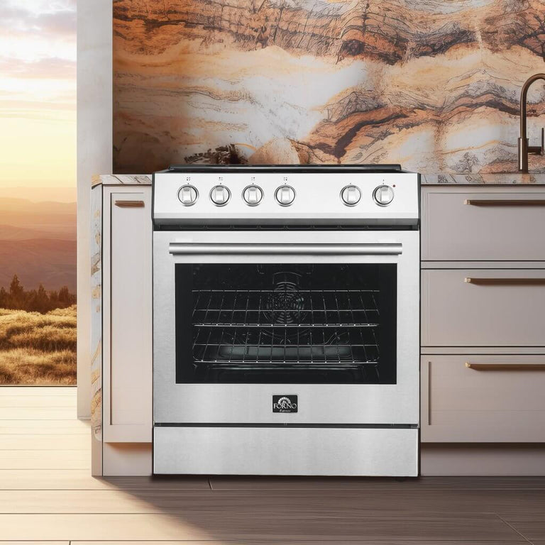 FORNO Espresso Package - 30" Electric Range, Range Hood, Refrigerator and Dishwasher in Stainless Steel