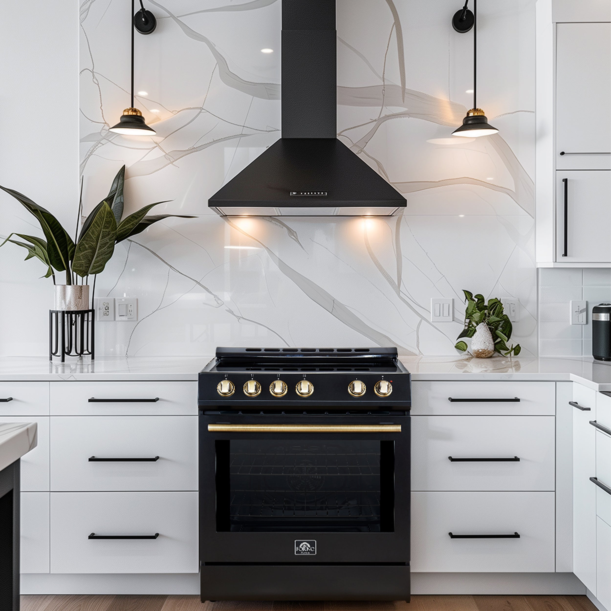 Forno Espresso Leonardo 30 in. 5.0 cu. ft. Freestanding Electric Range in Black with Antique Brass Handles (Model FFSEL6012-30BLK)