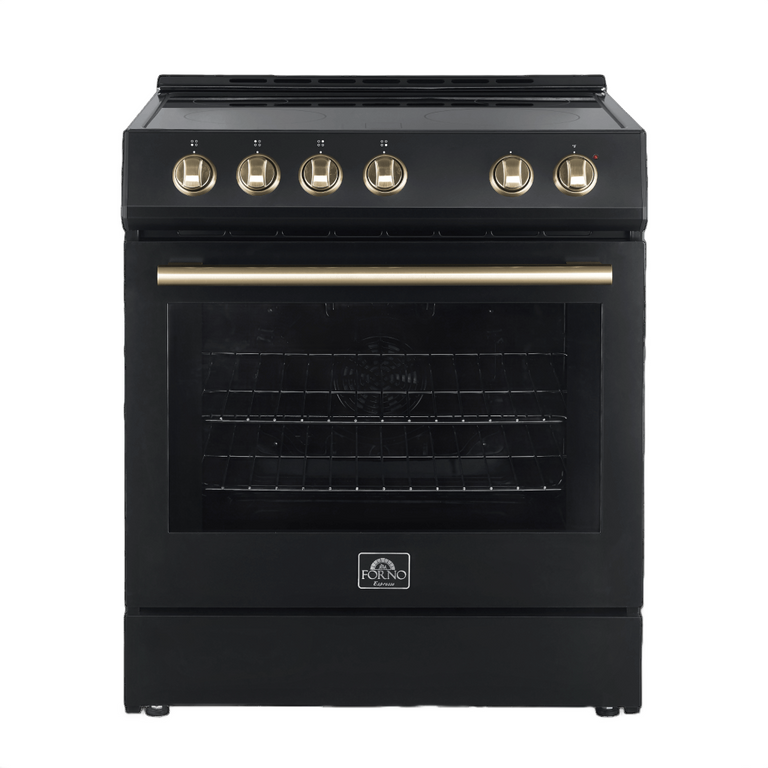 FORNO Espresso Package - 30" Electric Range, Range Hood, Refrigerator and Dishwasher in Black with Antique Brass Handles, FBDL-006-02US