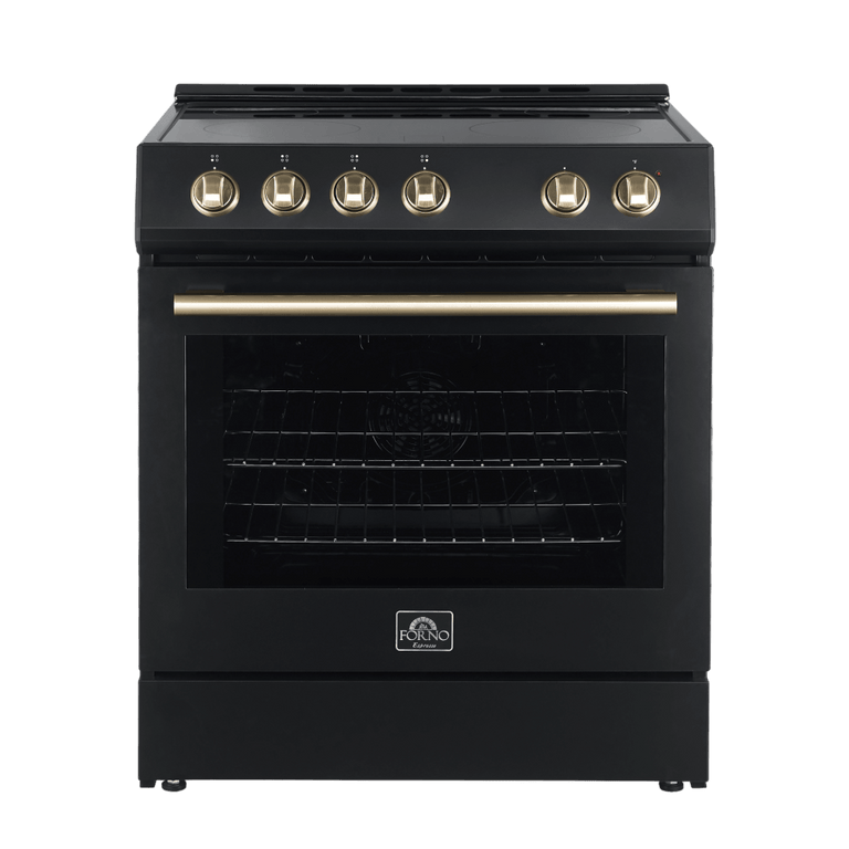 FORNO Espresso Package - 30" Electric Range and Refrigerator in Black with Antique Brass Handles, FBDL-003-02US