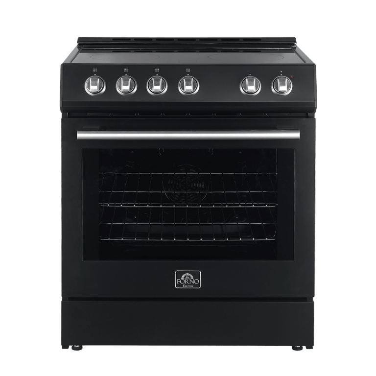 FORNO Espresso Package - 30" Electric Range, Range Hood, Refrigerator and Dishwasher in Black with Stainless Steel Handles, FBDL-006-02US