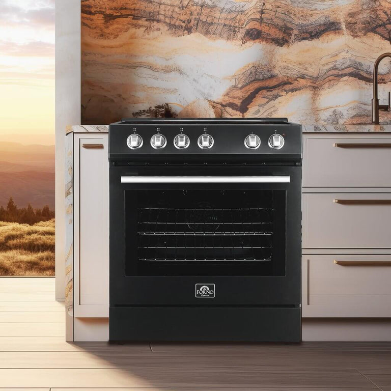 FORNO Espresso Package - 30" Electric Range, Range Hood, Refrigerator and Dishwasher in Black with Stainless Steel Handles
