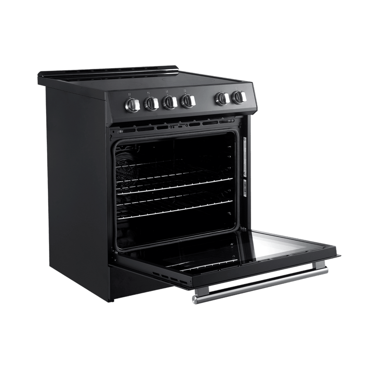 FORNO Espresso Package - 30" Electric Range, Range Hood and Refrigerator in Black with Stainless Steel Handles
