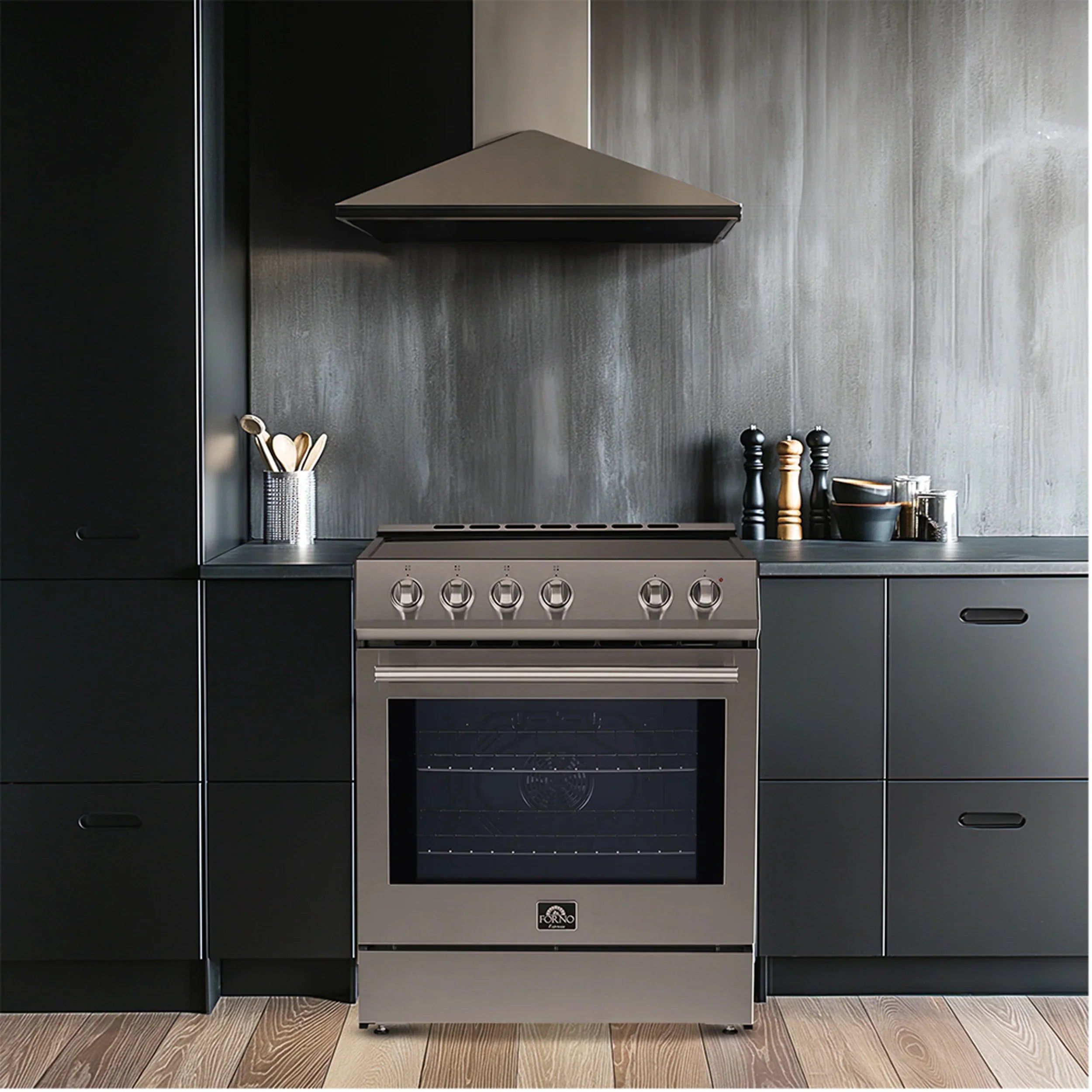 FORNO Espresso Package - 30" Electric Range, Under Cabinet Range Hood, 31" Refrigerator and Tall Tub Dishwasher, FBDL-010-01US