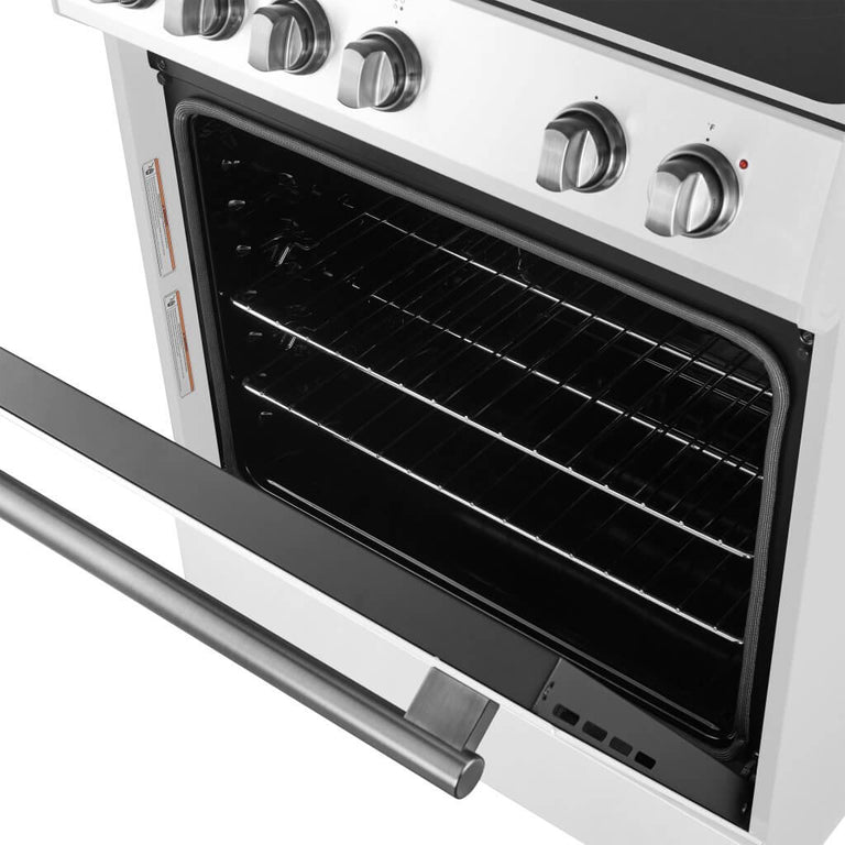 FORNO Espresso Package - 30" Electric Range, Range Hood, Refrigerator and Dishwasher in White with Stainless Steel Handles, FBDL-006-03US