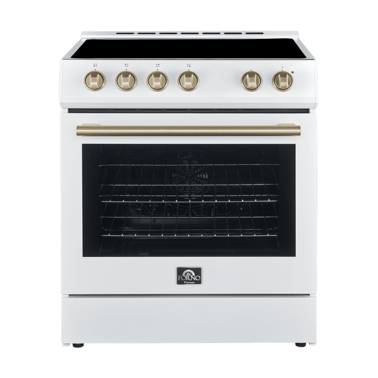 FORNO Espresso Package - 30" Electric Range, Range Hood and Dishwasher in White with Antique Brass Handles