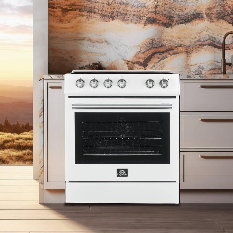 FORNO Espresso Package - 30" Electric Range, Range Hood and Dishwasher in White with Stainless Steel Handles