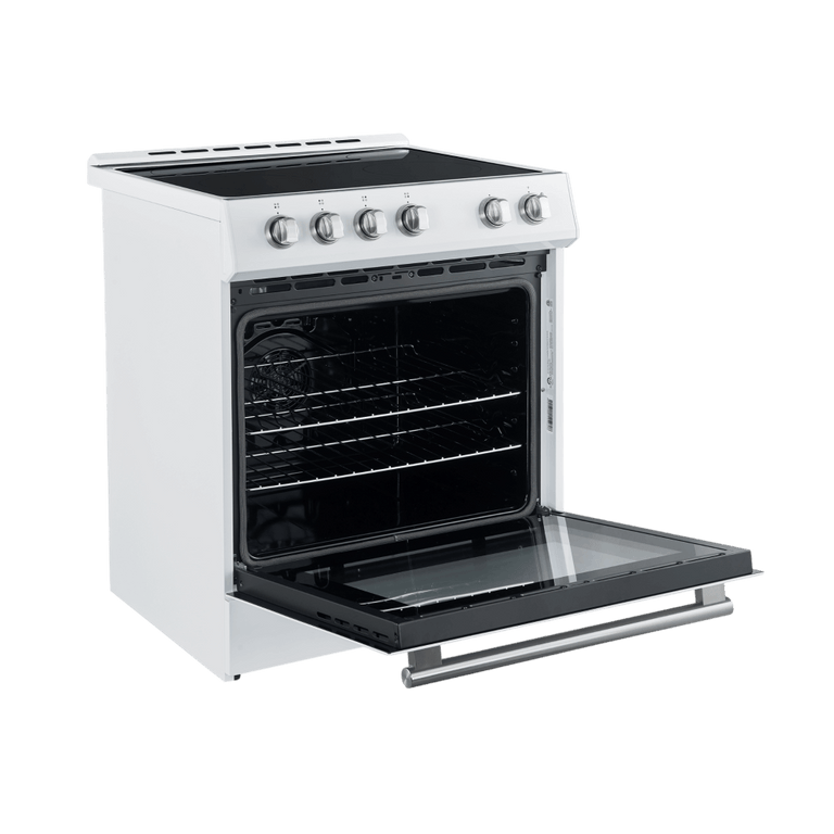 FORNO Espresso Package - 30" Electric Range, Range Hood and Refrigerator in White with Antique Brass Handles, FBDL-001-03US