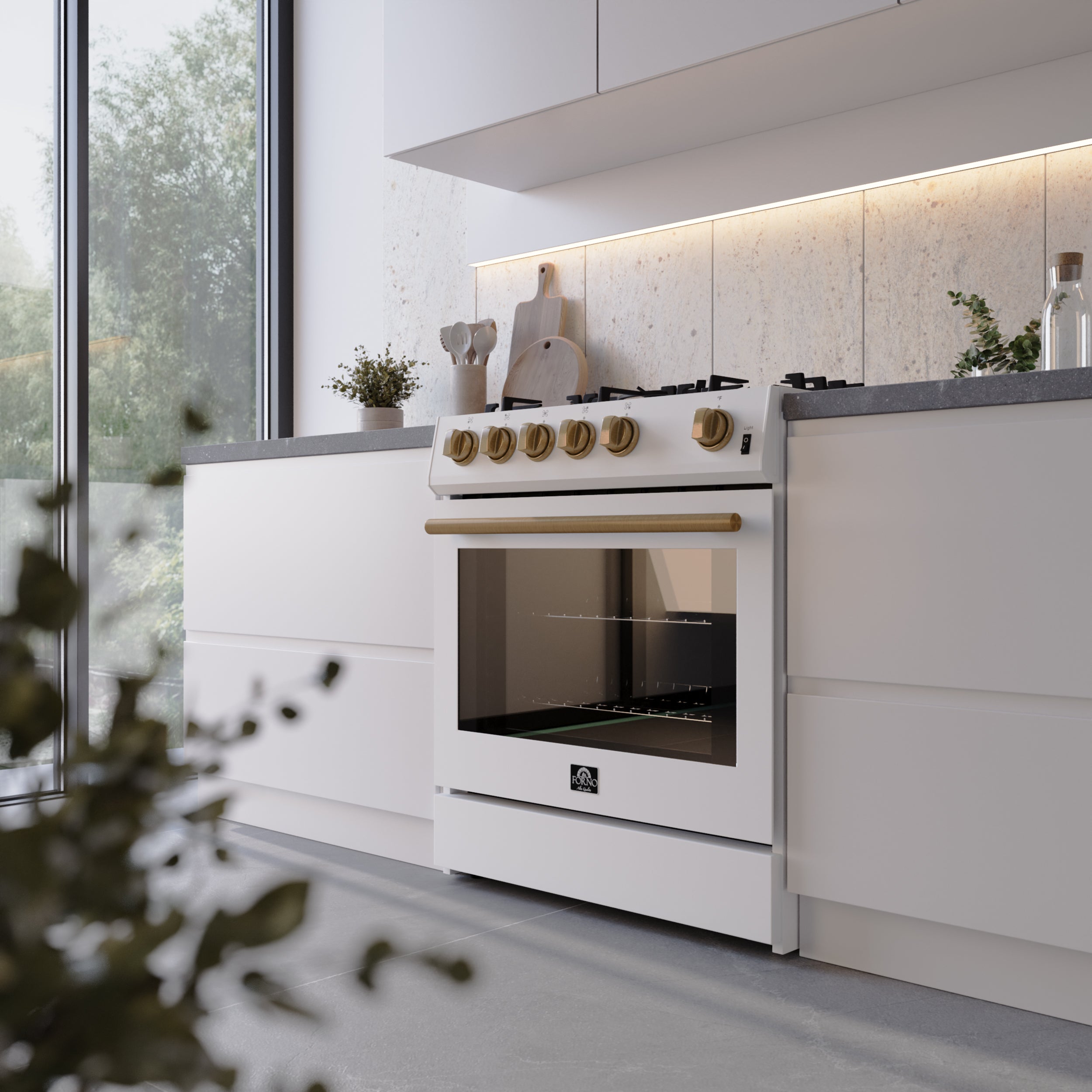 FORNO Espresso Package - 30" Electric Range, Over-The-Range Microwave, 36" Refrigerator with Water Dispenser/Ice Maker and Dishwasher in White with Antique Brass Accents, AP4-6012WHT-A14