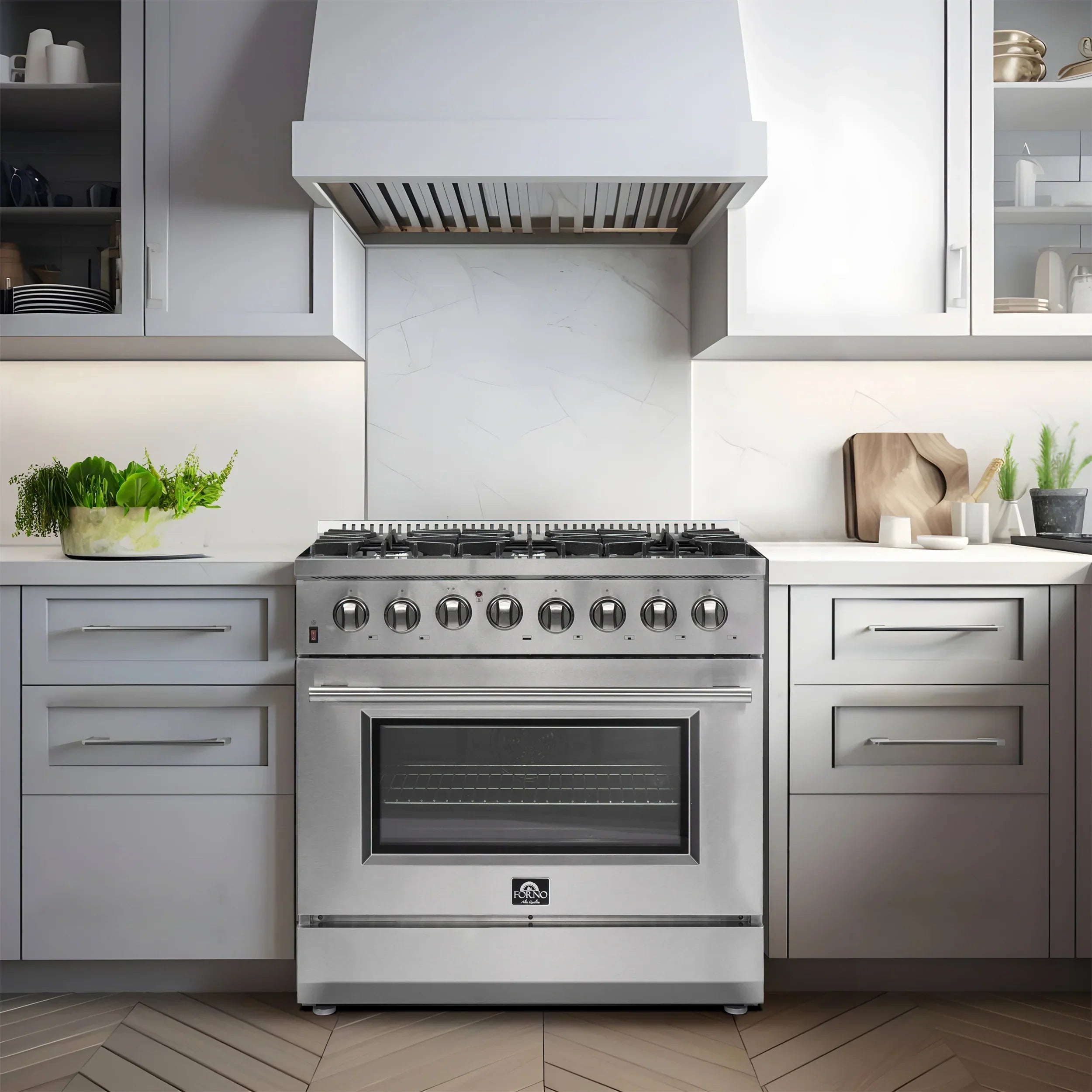 FORNO Appliance Package - 36 Inch Dual Fuel Range, Wall Mount Range Hood, Microwave Drawer, AP-FFSGS6156-36-W-3