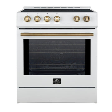 Forno Espresso Leonardo 30-Inch Freestanding Induction Range, 5.0 cu. ft. Oven, Knob Controls, White with Antique Brass Accents (Model FFSIN0982-30WHT)