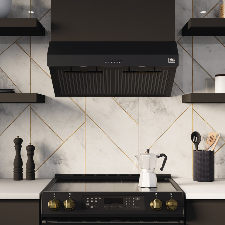 FORNO Espresso Package - 30" Electric Range, Range Hood, Refrigerator and Dishwasher in Black with Stainless Steel Handles
