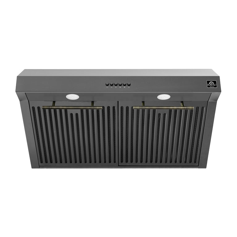 FORNO Espresso Package - 30" Electric Range, Range Hood, Refrigerator and Dishwasher in Black with Antique Brass Handles