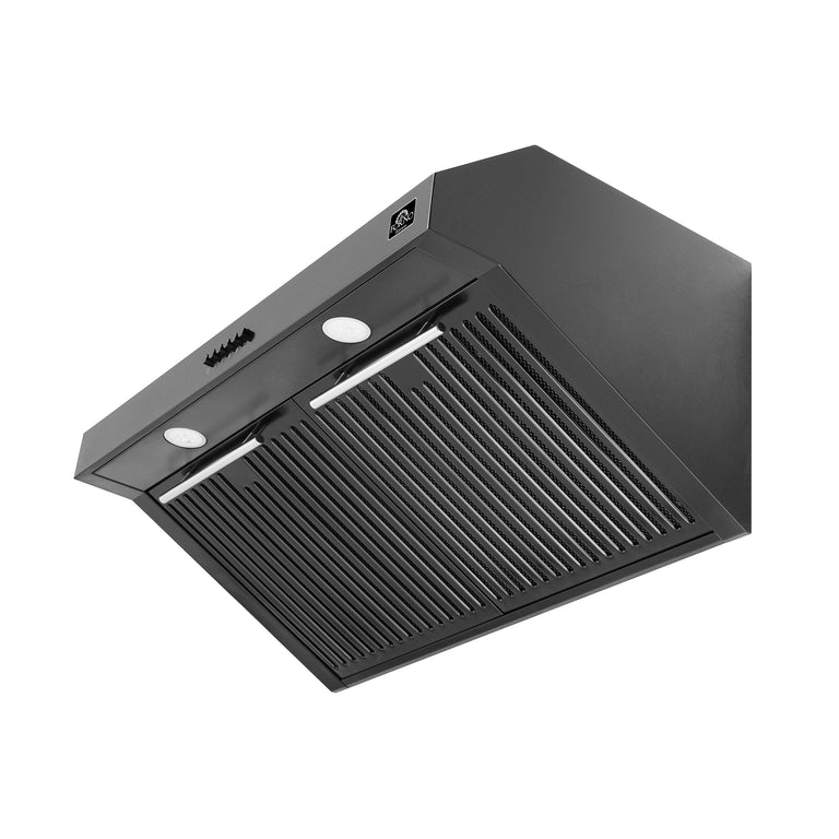 FORNO Espresso Package - 30" Electric Range, Range Hood and Dishwasher in Black with Antique Brass Handles
