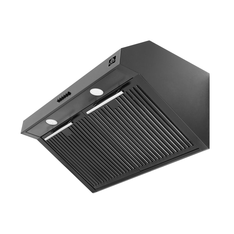 FORNO Espresso Package - 30" Electric Range, Range Hood and Refrigerator in Black with Stainless Steel Handles