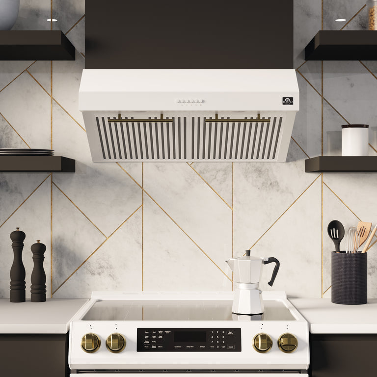 FORNO Espresso Package - 30" Electric Range, Range Hood, Refrigerator and Dishwasher in White with Stainless Steel Handles