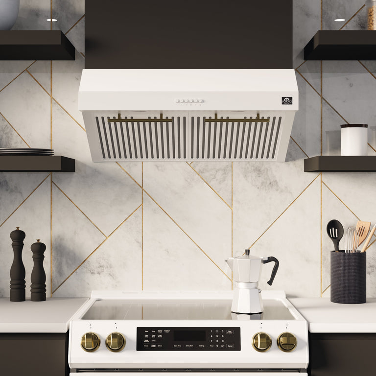 FORNO Espresso Package - 30" Electric Range, Range Hood and Refrigerator in White with Antique Brass Handles
