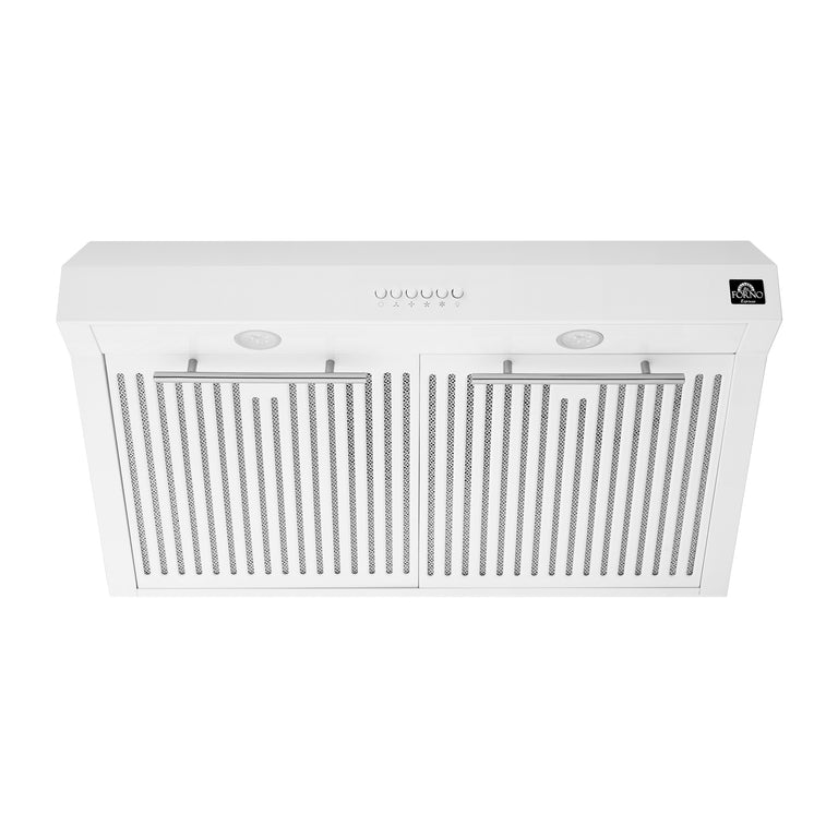 FORNO Espresso Package - 30" Electric Range, Range Hood, Refrigerator and Dishwasher in White with Stainless Steel Handles
