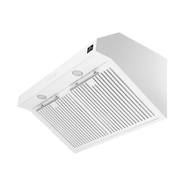 FORNO Espresso Package - 30" Electric Range, Range Hood and Refrigerator in White with Stainless Steel Handles